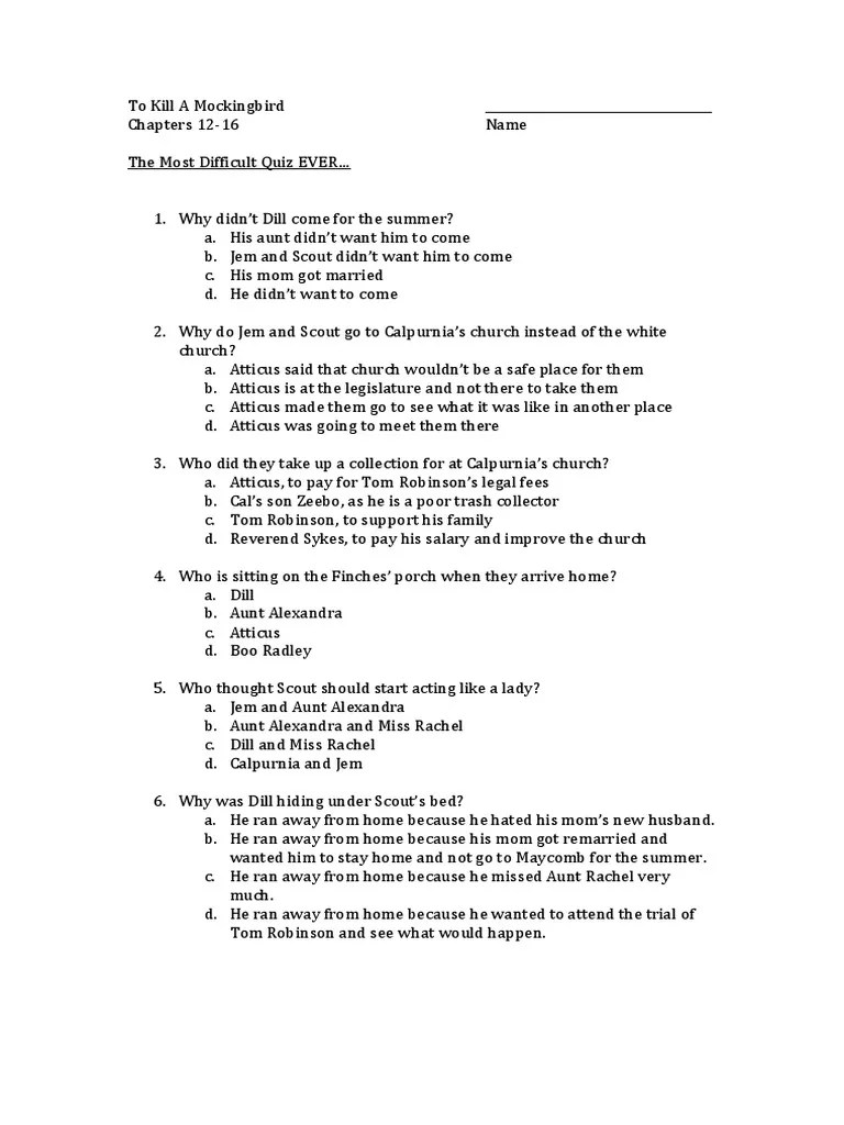 To Kill a Mockingbird 1216 Quiz To Kill A Mockingbird Violence