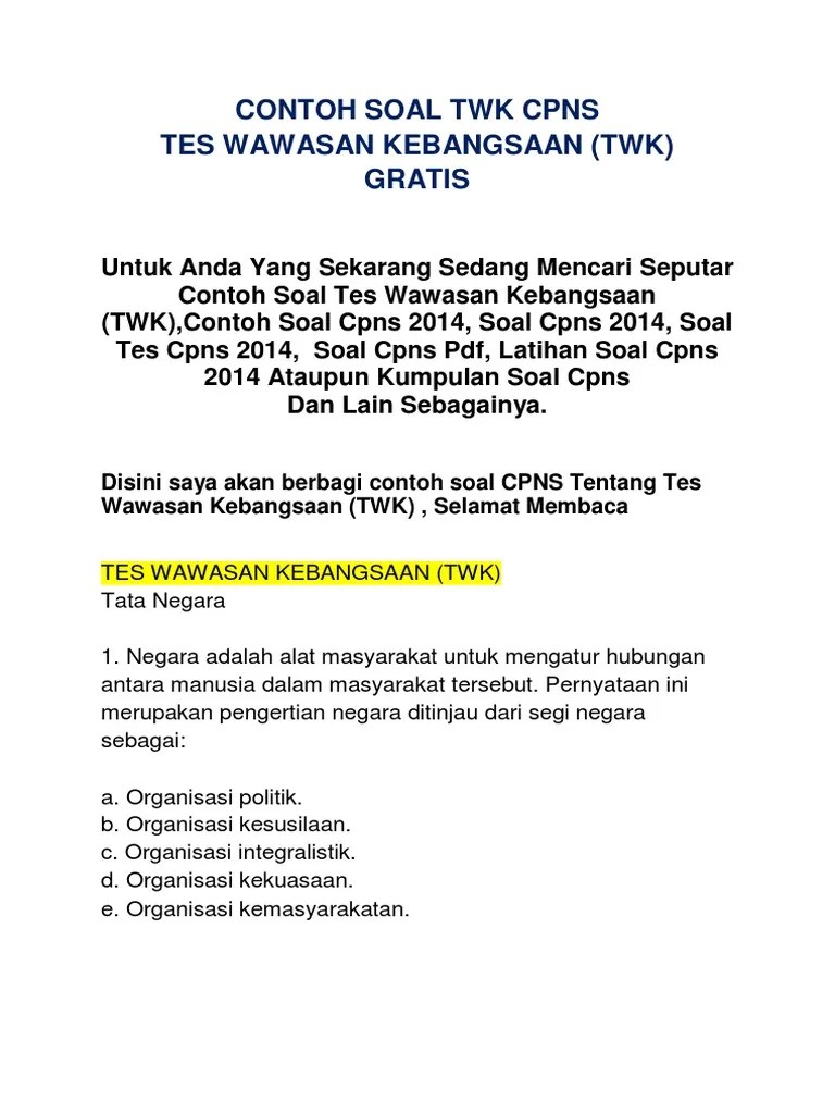 Contoh Soal Tes Wawasan Kebangsaan Beserta Kunci Jawabannya