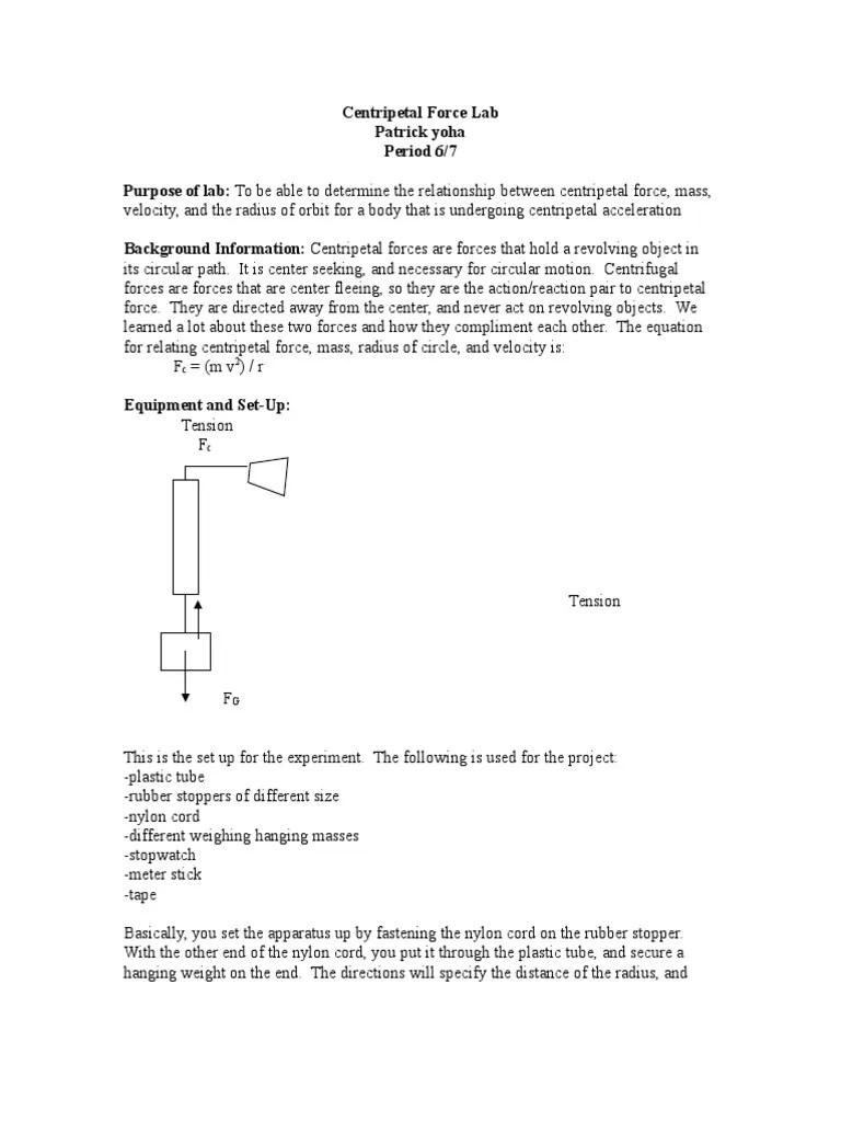 Physics Centripetal Force Lab Report Tension (Physics) Acceleration