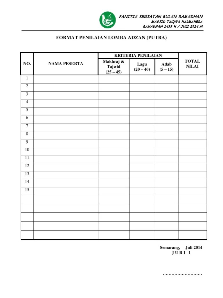 Inilah daftar materi hafalan alquran dan doa untuk siswa jenjang paud dan tk lengkap. Format Penilaian Lomba Tahfidz Cara Golden