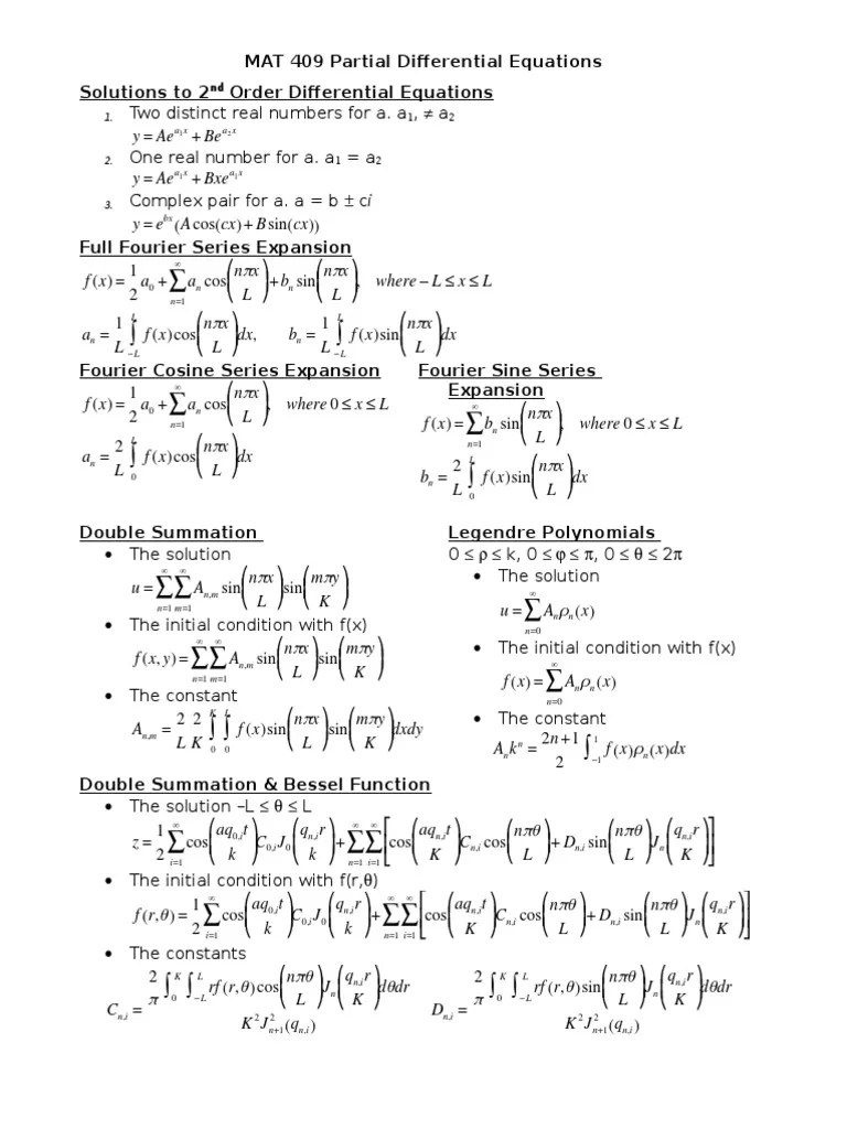 Partial Differential Equation Formula Sheet PDF Fourier Series