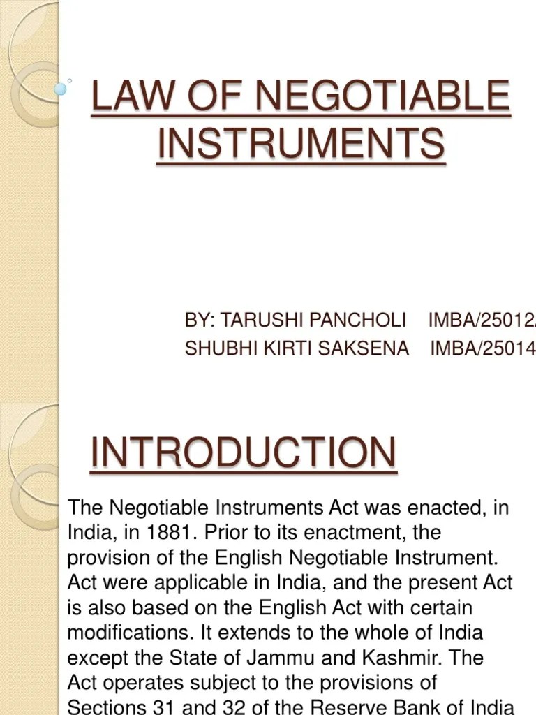 Law of Negotiable Instruments Negotiable Instrument Promissory Note