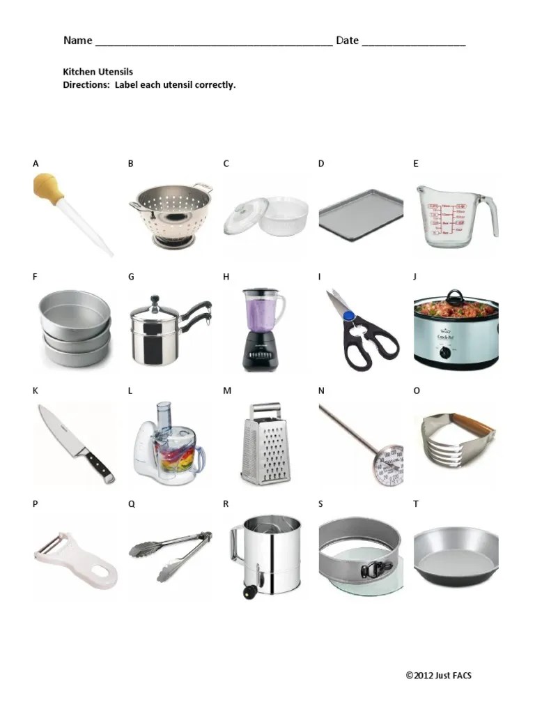 Kitchen Utensil Label Worksheet