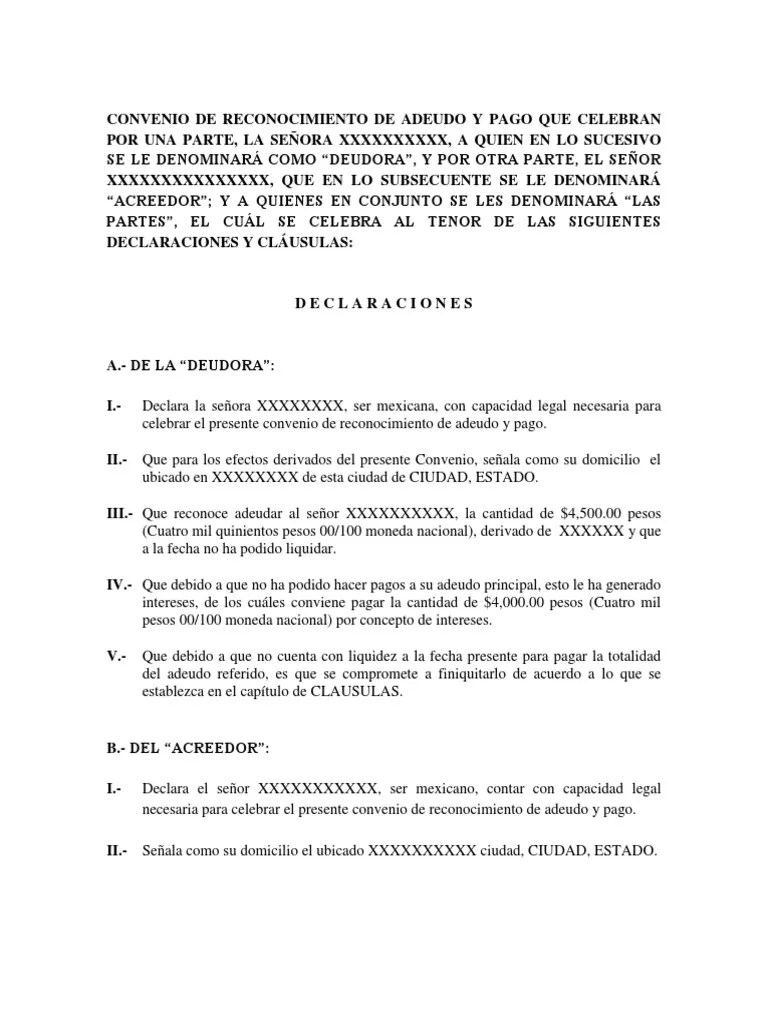 Convenio de Reconocimiento de Adeudo y Pago Pagos Dinero