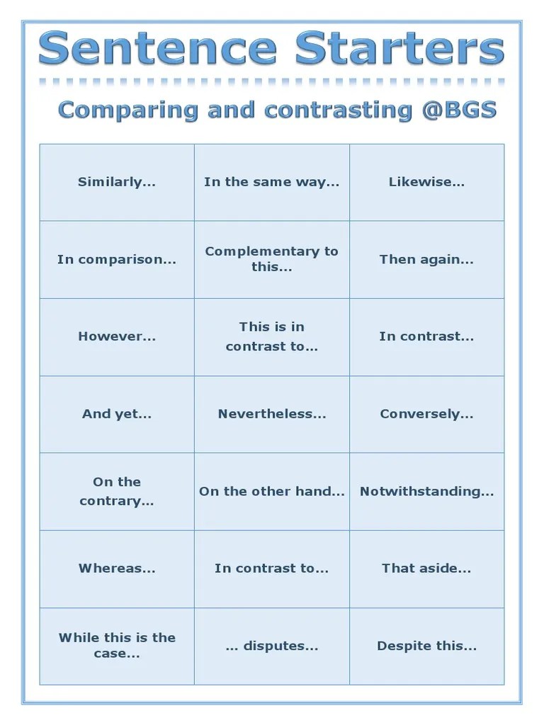 Sentence Starters: Comparing and Contrasting