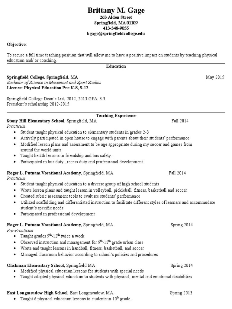 Resume Physical Education Lesson Plan