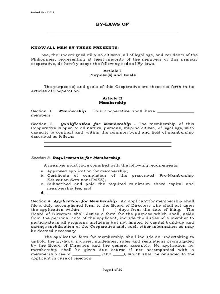 Model ByLaws For Primary Cooperatives in The Philippines Board Of