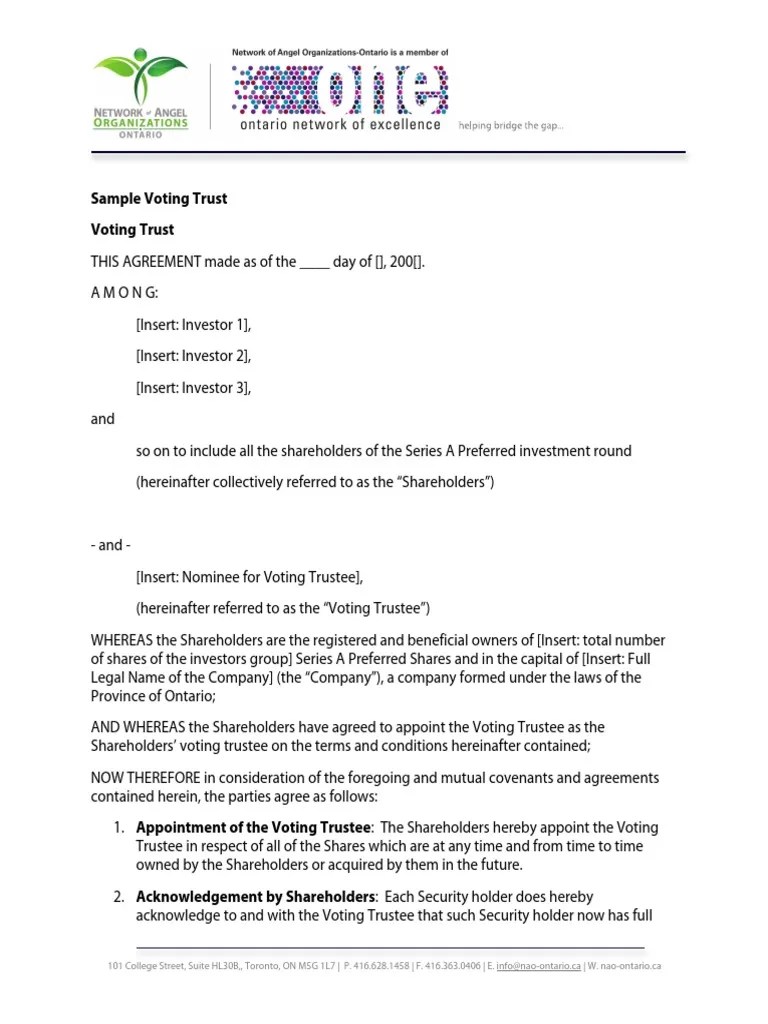 Sample Voting Trust Trustee Securities (Finance)