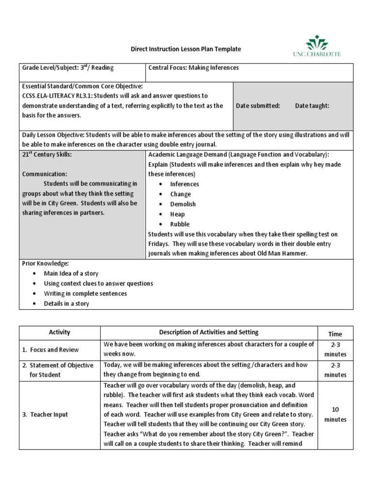 Direct Instruction Lesson Plan Template Vocabulary Lesson Plan