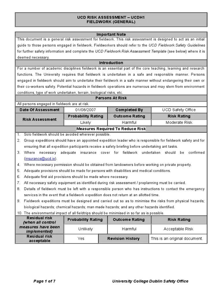 UCDH1 Fieldwork (General) Risk Assessment Risk Assessment Field