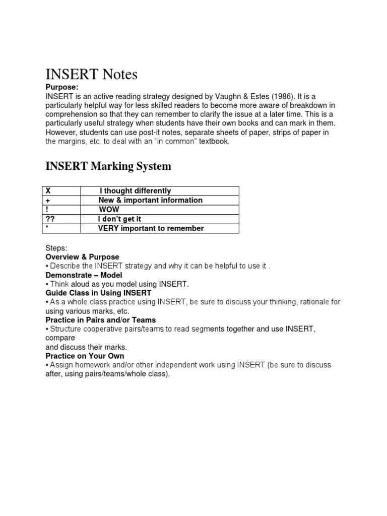 Insert Notes Reading Comprehension Reading (Process)