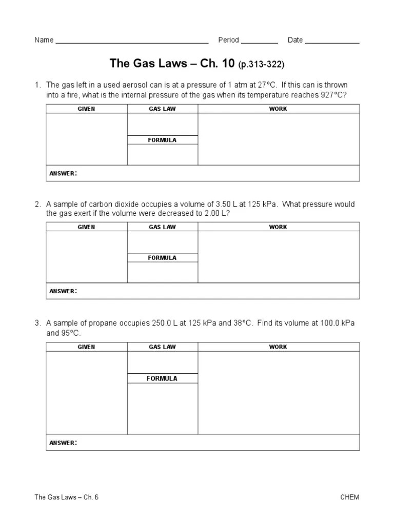 Worksheet Gas Laws PDF Gases Pressure