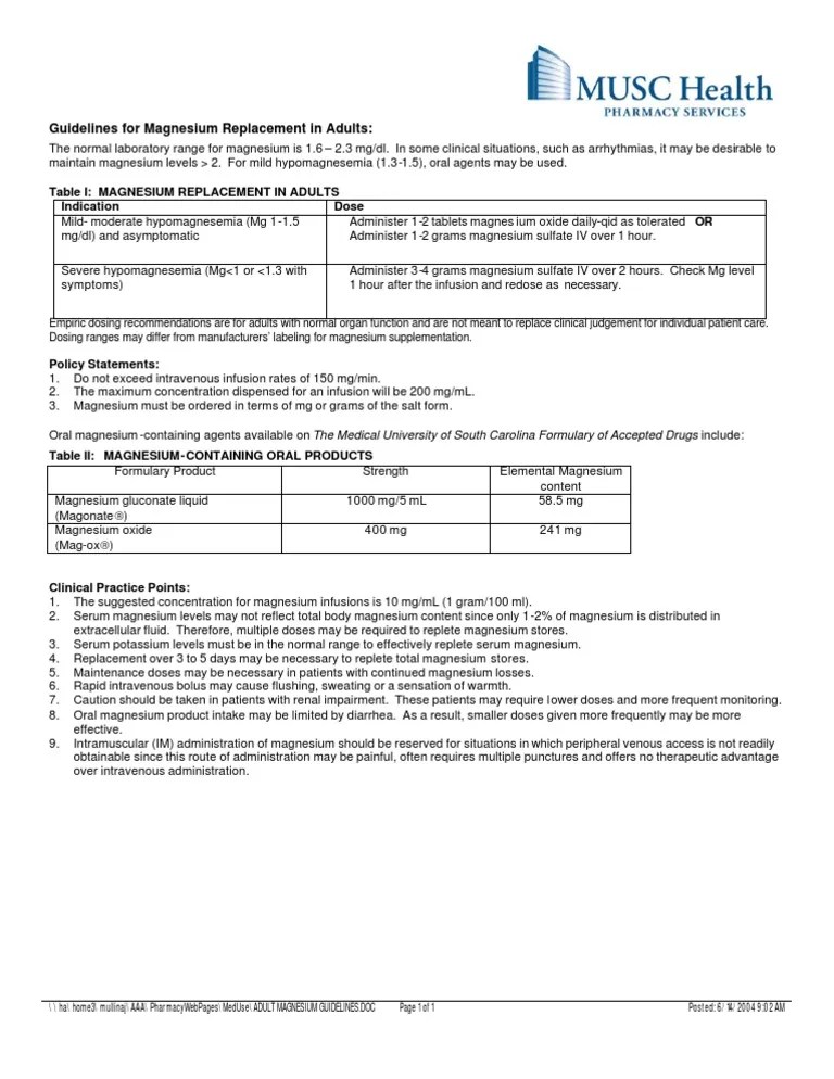 Adult Magnesium Guidelines Magnesium Intravenous Therapy