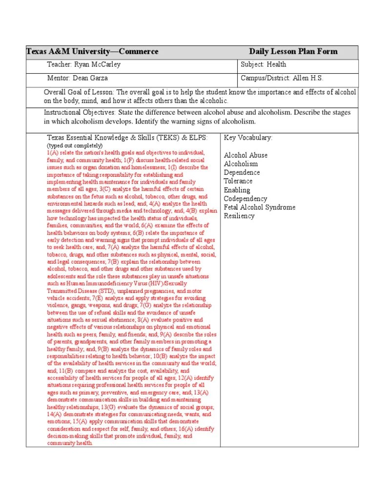 chapter 10 sec 2 and 3 lesson plan Substance Abuse Alcoholism