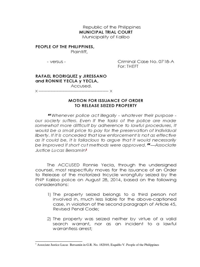 Motion For Release of Seized Property PDF Search And Seizure