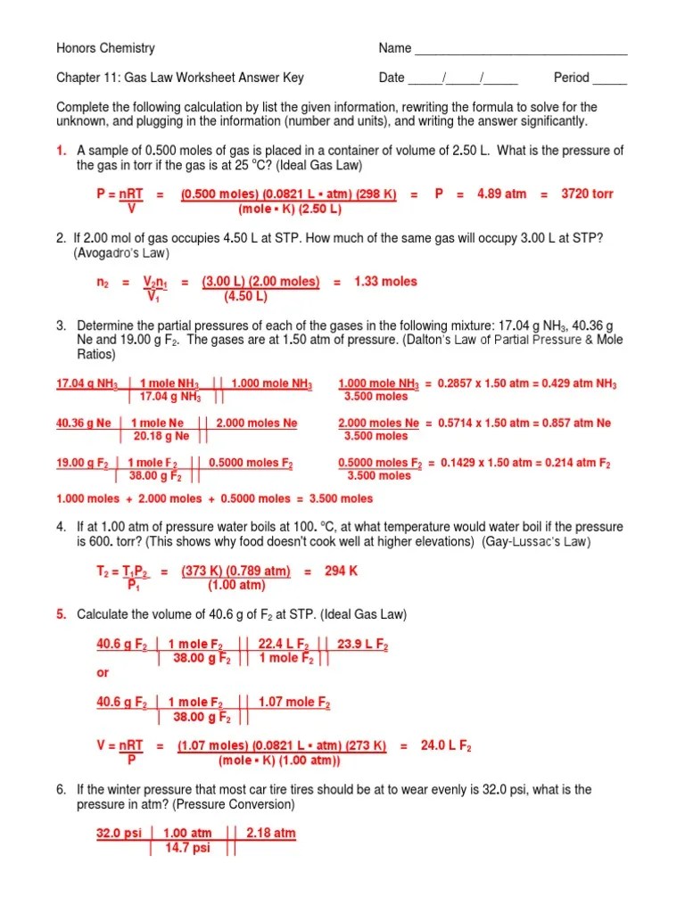 Gas Laws Worksheet III Answer Key 1112 Gases Mole (Unit)