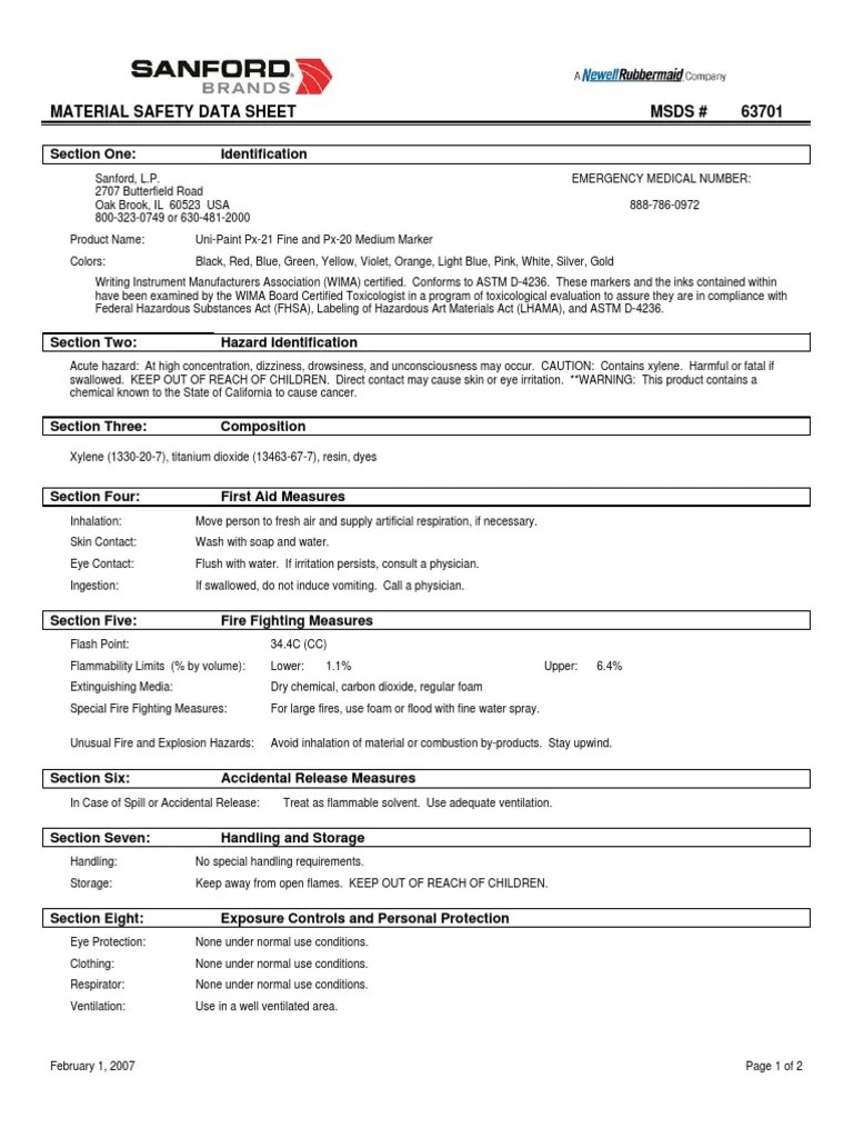 MSDS Uni Paint Marker PX20 2 Chemistry Materials