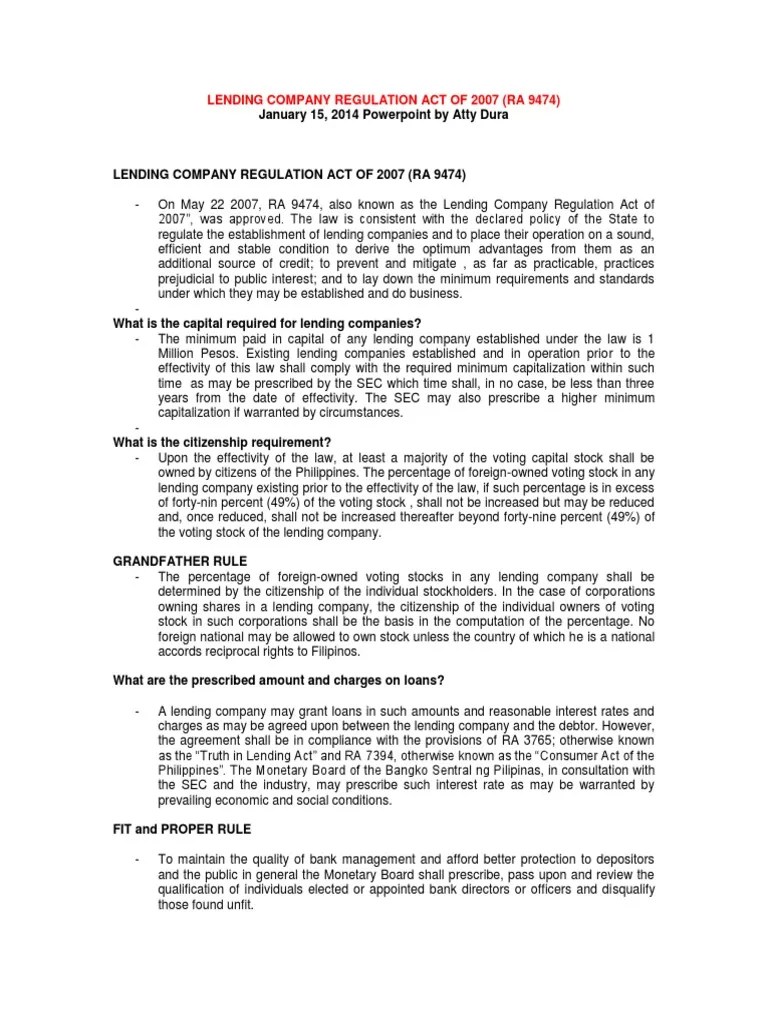 Lending Company Regulation Act of 2007 PDF Loans Stocks
