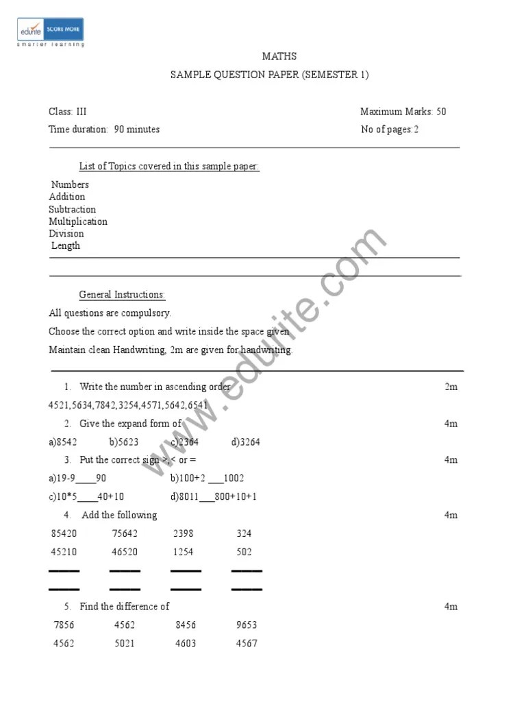 Class 3 ICSE Maths Sample Paper Term 1 Model 3 PDF Newspapers Numbers