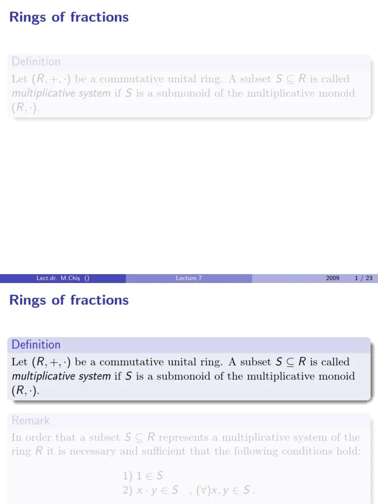 Let (R, +, ·) be a commutative unital ring. A subset S ⊆ R is called