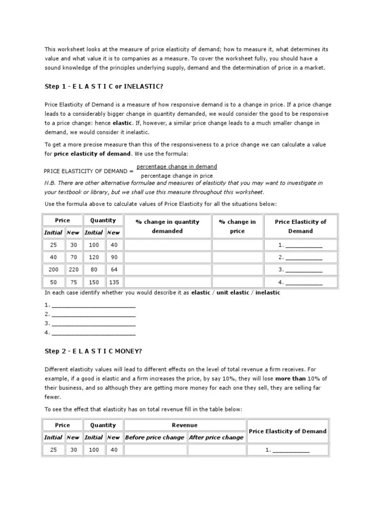 This Worksheet Looks at the Measure of Price Elasticity of Demand