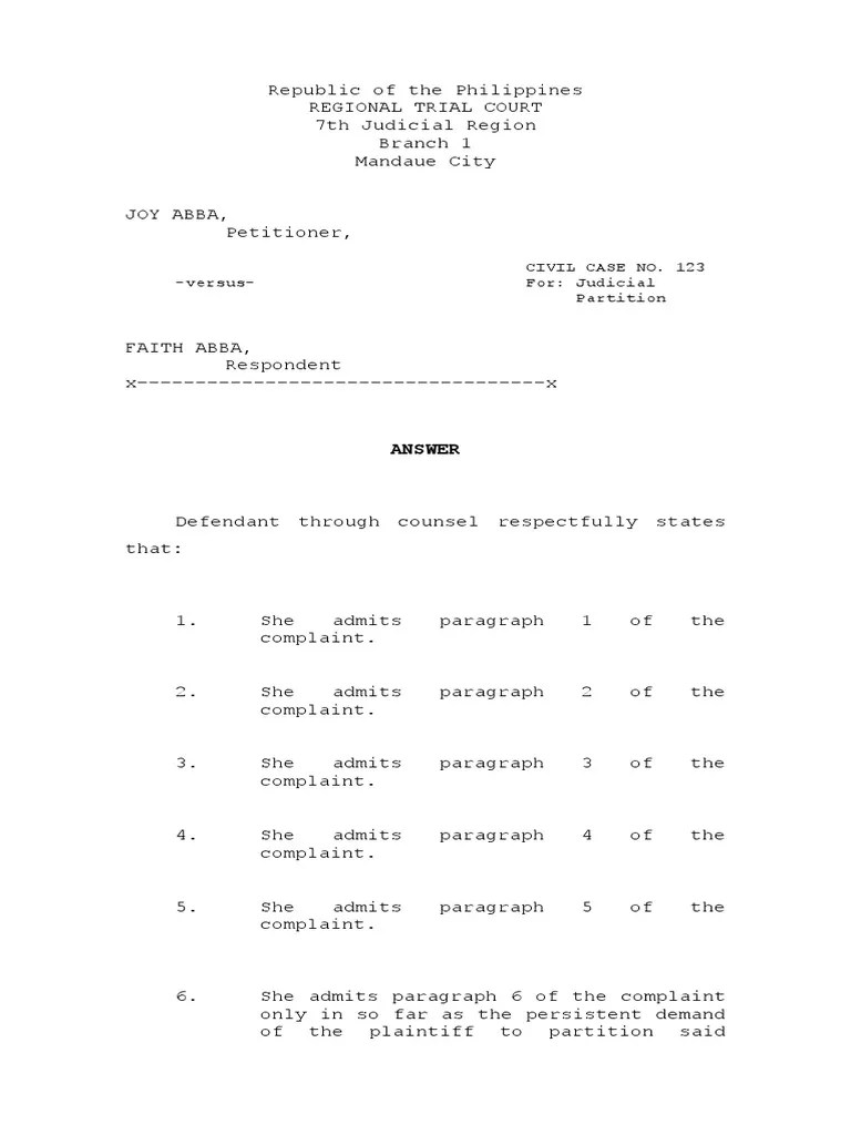 Example Form For Partition (Answer) Lawsuit Complaint