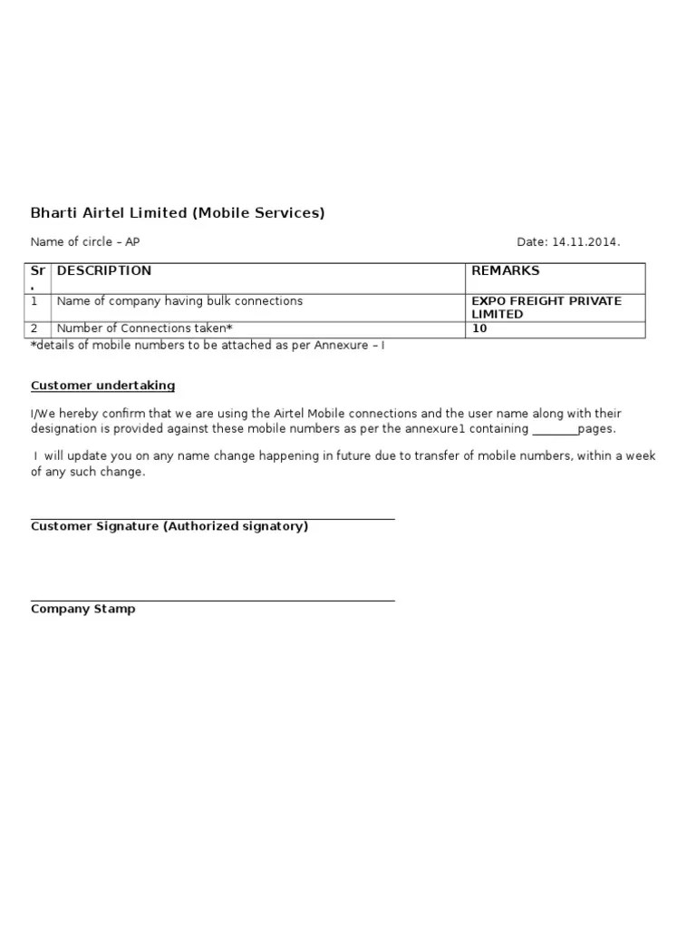 Airtel Corporate Letter Service Industries Government