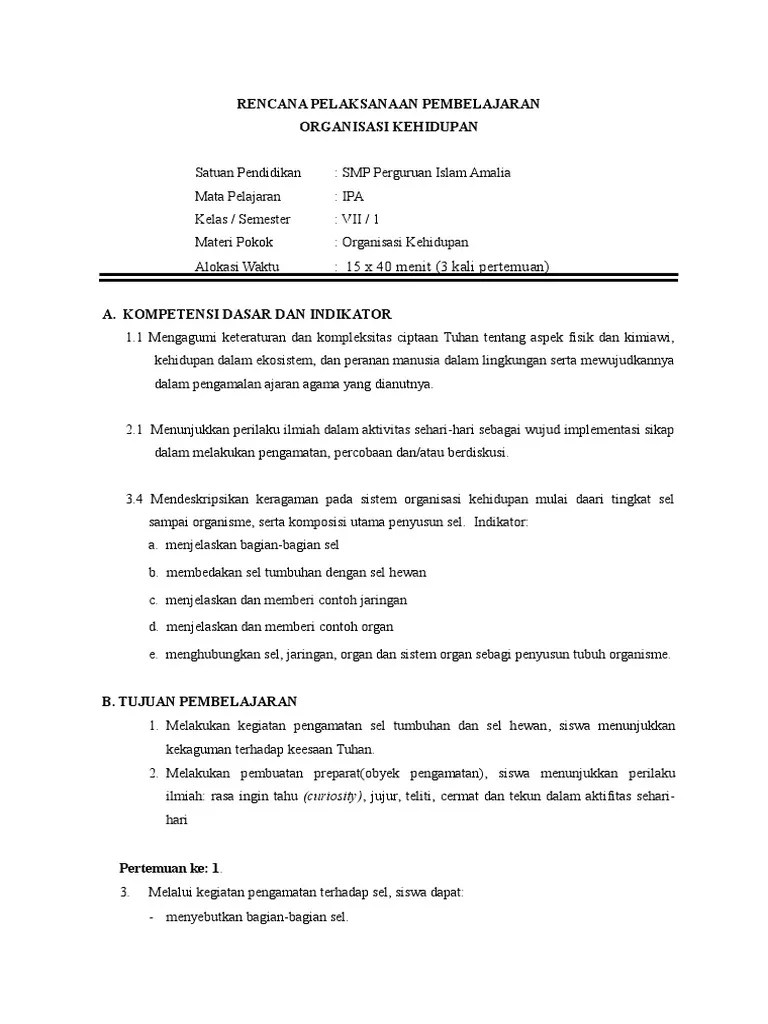 Rpp Sistem Organisasi Kehidupan Smp Kelas 7