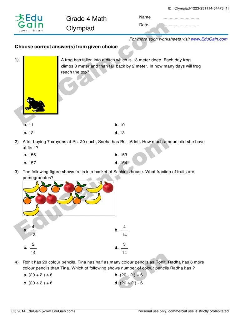 IMO (Math Olympiad) Sample Practice Paper for Class 4 by EduGain