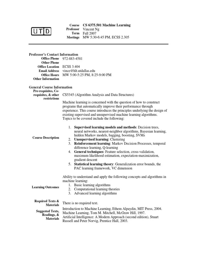 UT Dallas Syllabus for cs6375.501.07f taught by Yu Chung Ng (ycn041000