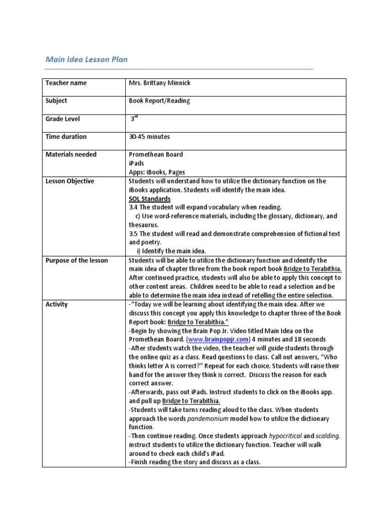 Main Idea Lesson Plan PDF Lesson Plan Reading (Process)