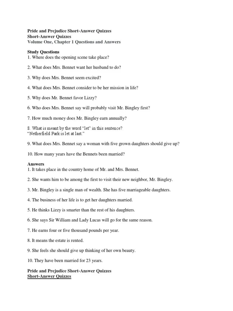 Pride and Prejudice Short Quiz PDF Pride And Prejudice