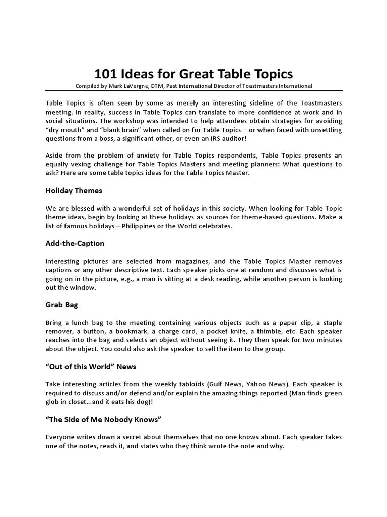101 Ideas For Great Table Topics PDF Postcard Question