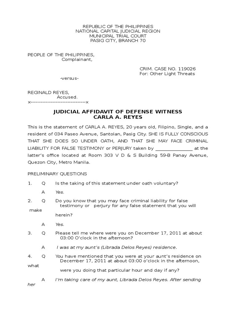 Sample Judicial Affidavit Perjury Justice