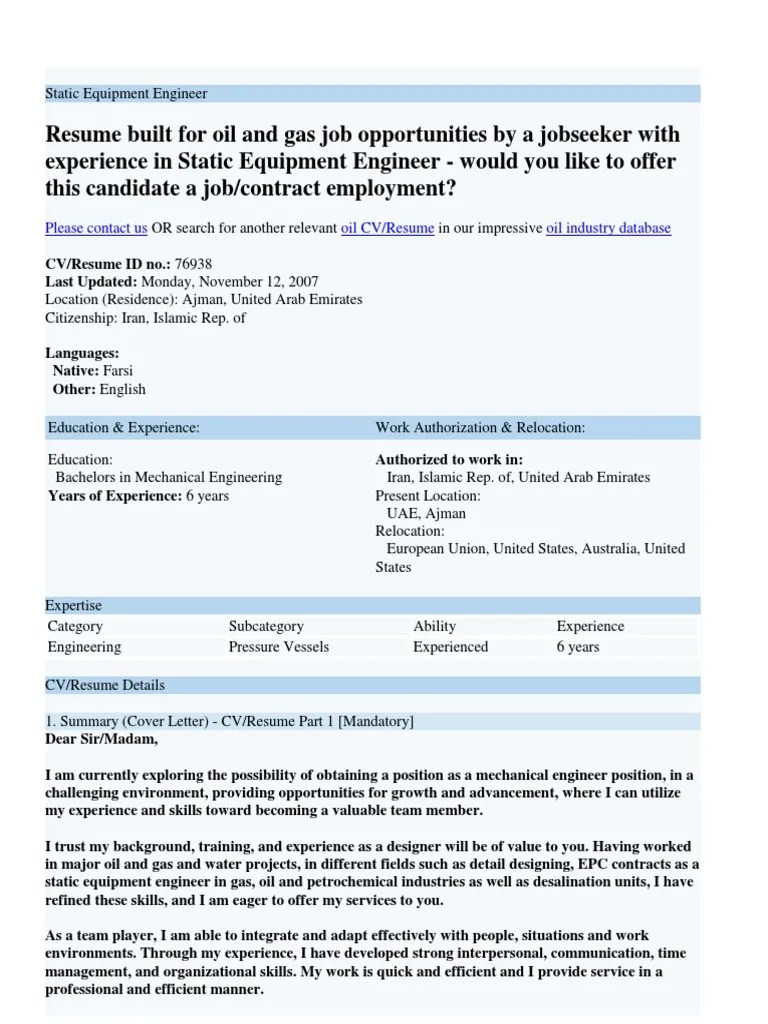 Static Equipment Engineer PDF Résumé Mechanical Engineering