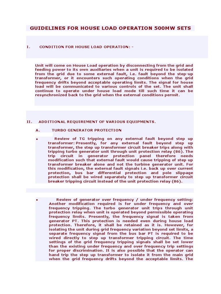 500mw Guidelines For House Load Operation 500mw Sets PDF Electrical Grid Valve