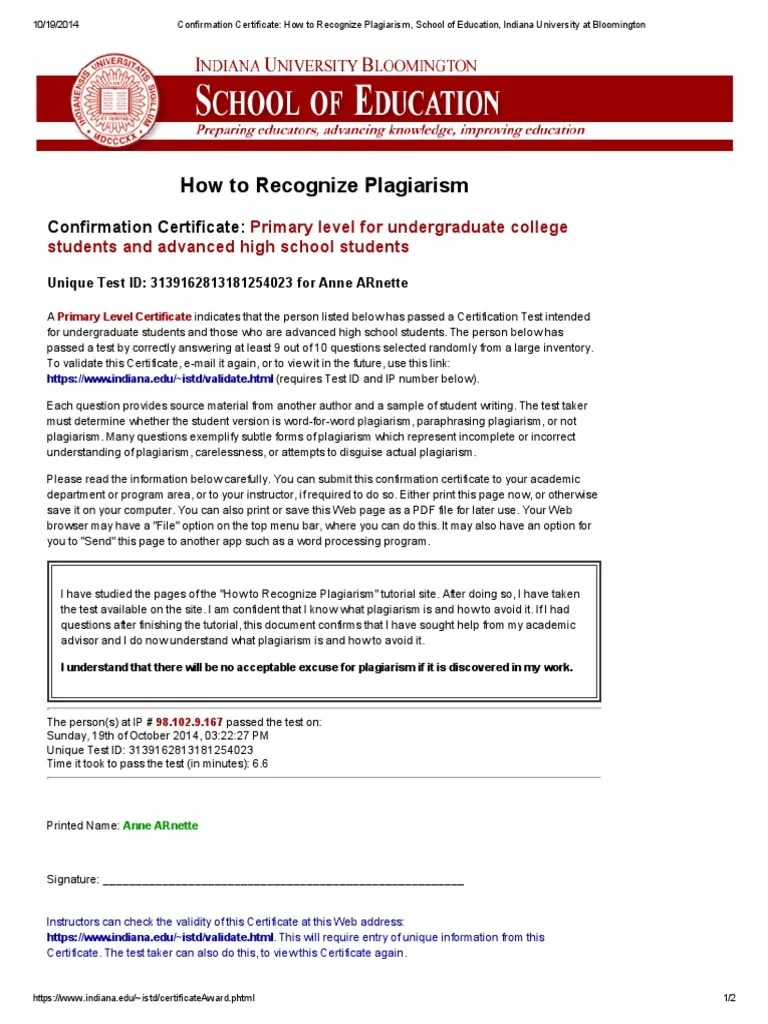 confirmation certificate how to recognize plagiarism school of