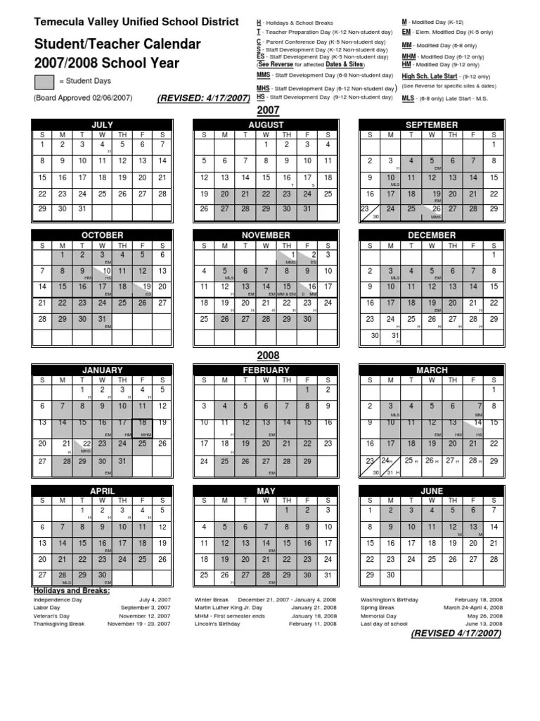 Student Teacher Calendar 0708 Revised 41707 Educational