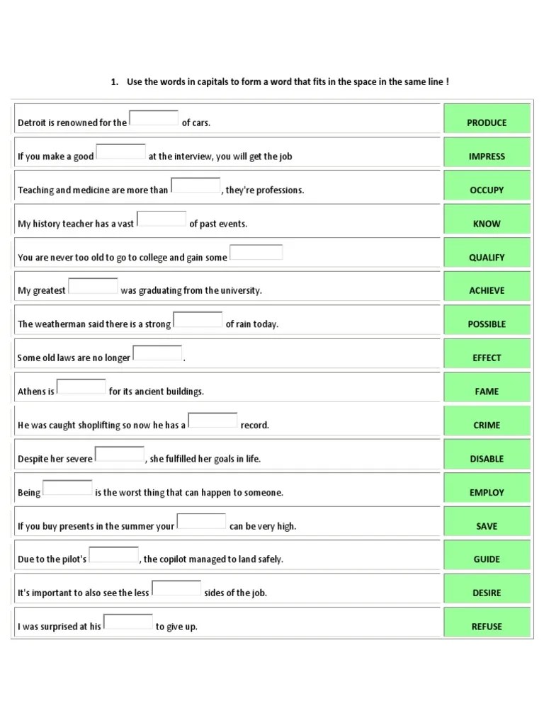 Word Formation Exercises Adjective Verb