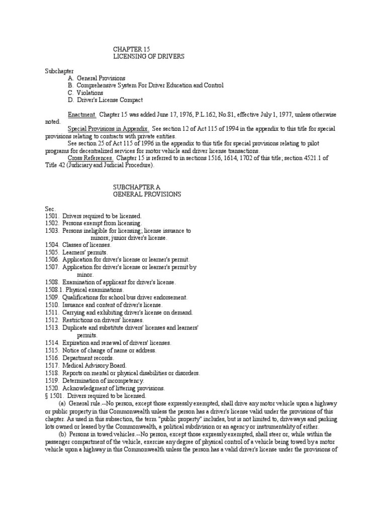 PA Vehicle Code Chapter 15 PDF Driver's License License
