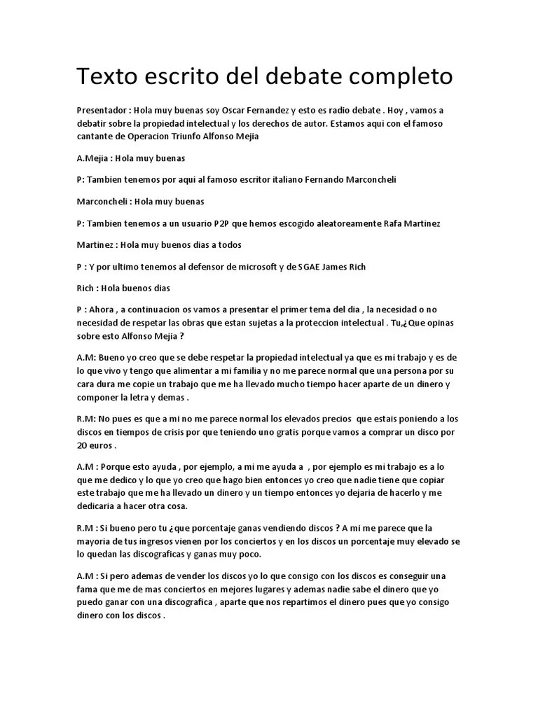 Texto Escrito Del Debate Completo Autor Idioma español