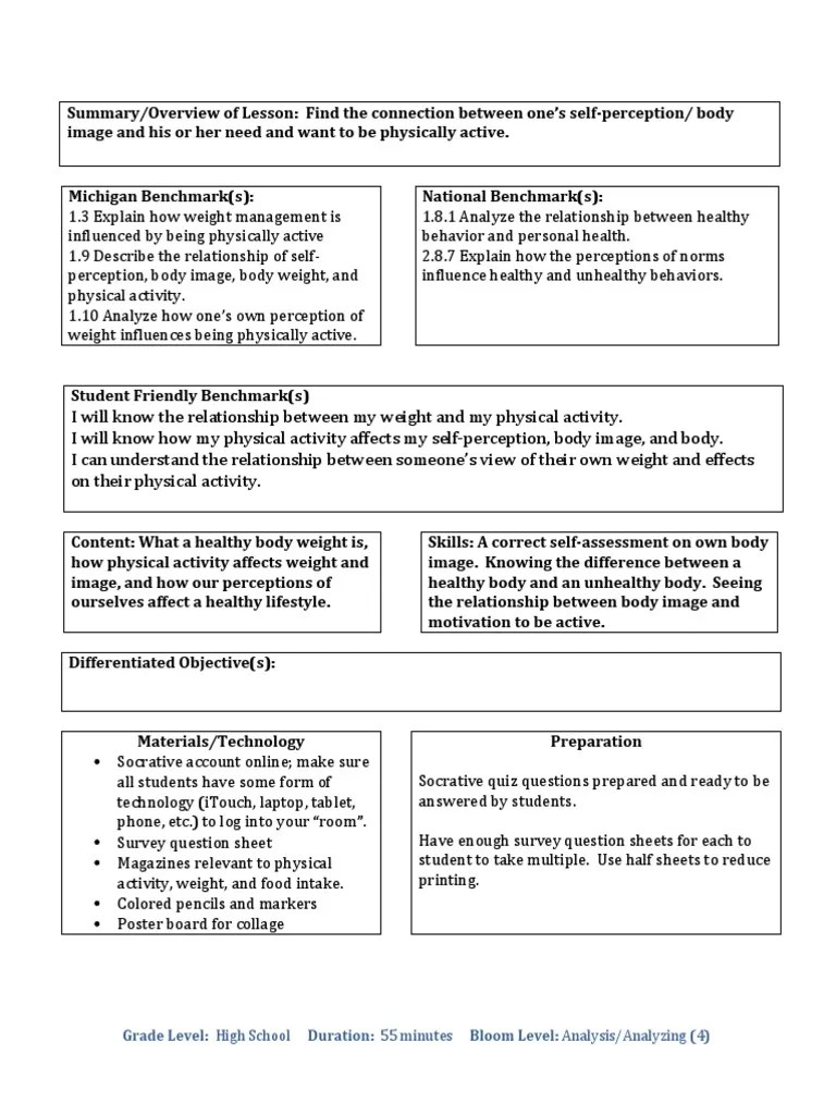 Lesson Plan Weight Management and Physical Activity | Motivation