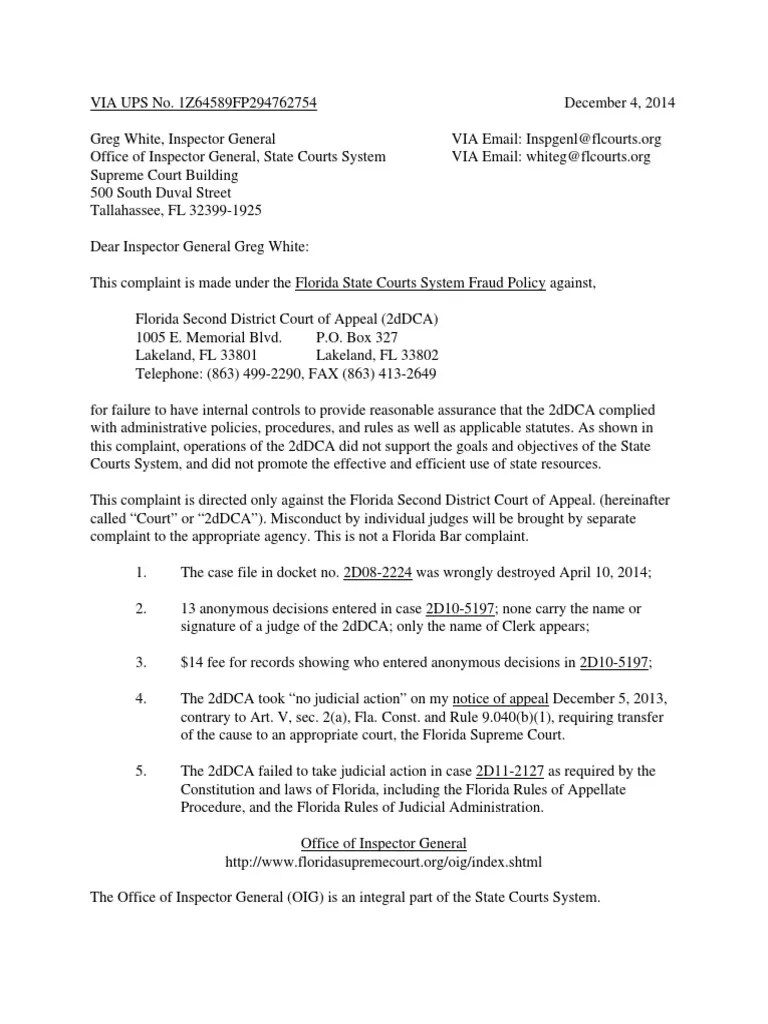 Inspector General Complaint Florida 2dDCADec042014 Fourteenth