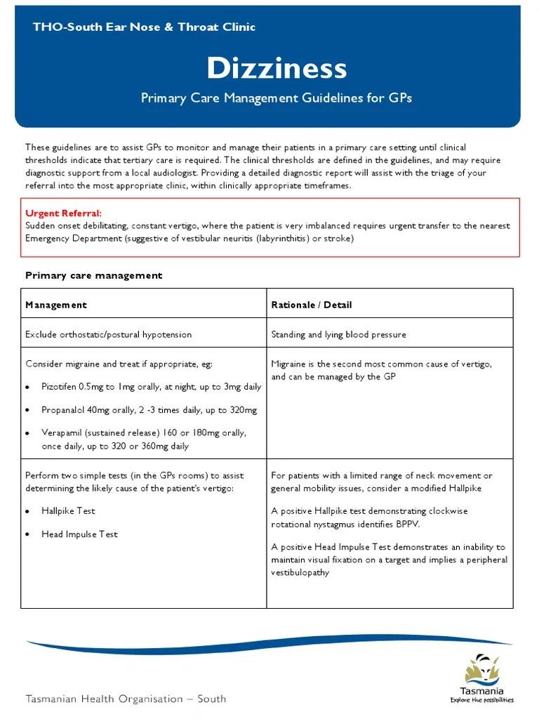 Primary Care Management Guidelines for GPs Dizziness Vertigo