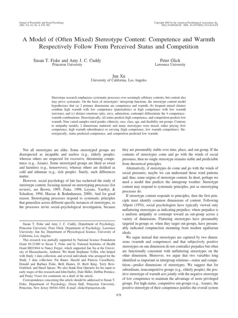 Fiske Et Al. (2002) Stereotype Content Model Stereotypes Prejudices