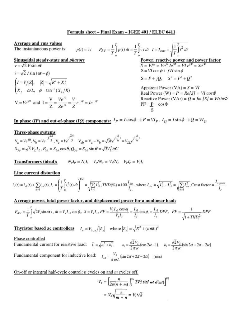 Formula Sheet Final 2013 Power Electronics