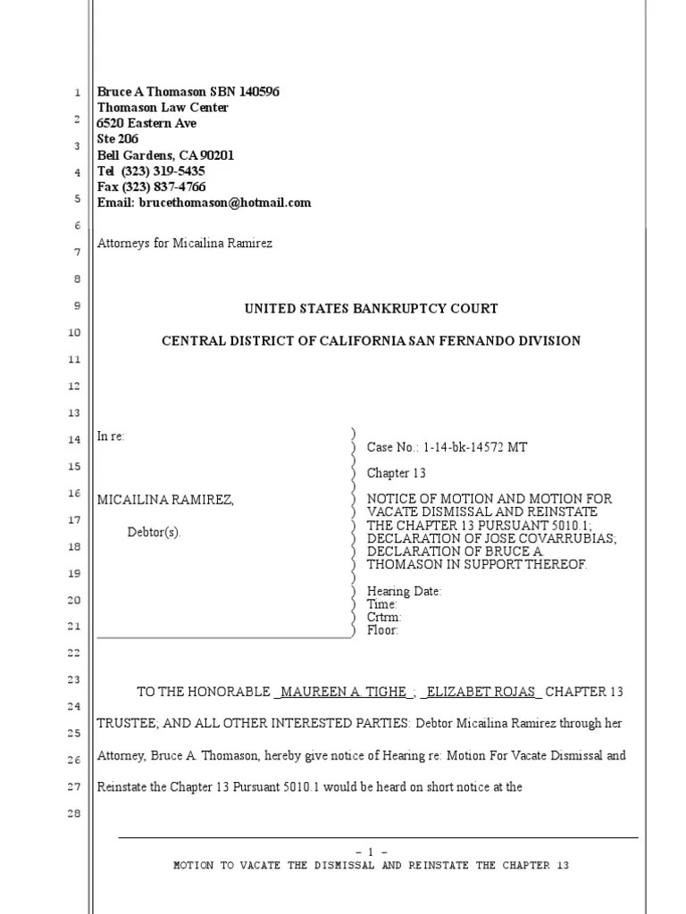 Motion to Vacate and Reinstate Ramirez Micailian Chapter 13 Bankruptcy