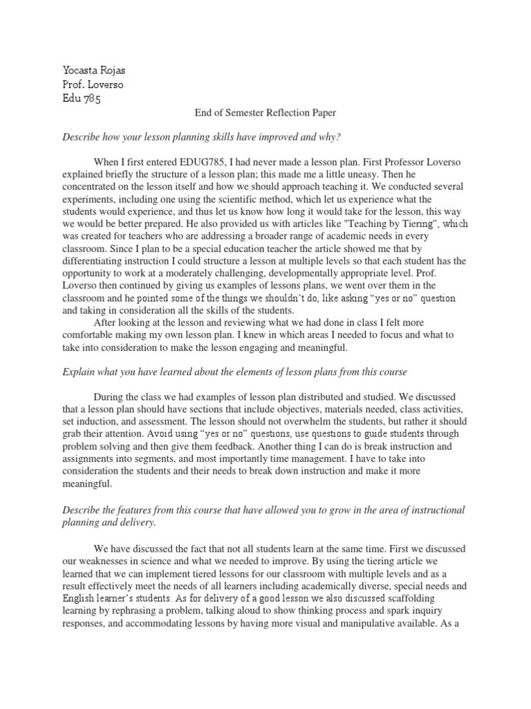 end of semester reflection paper Lesson Plan Learning Styles