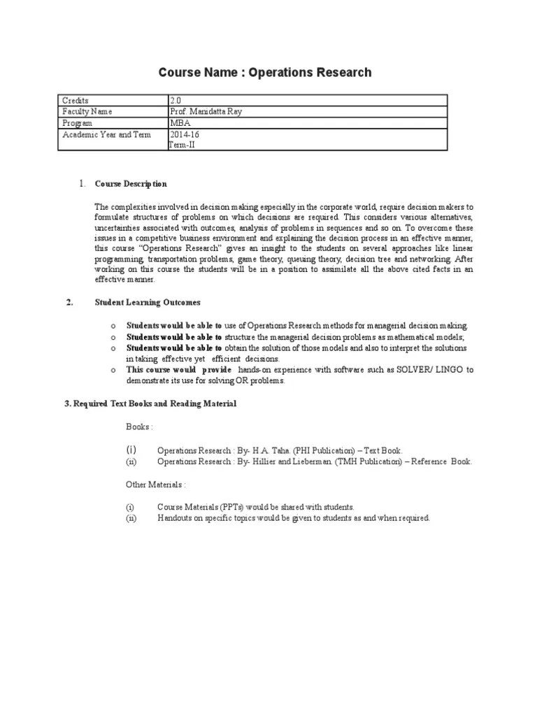 Course Outline Operations Research Operations Research Textbook