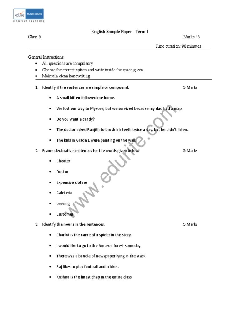 Class 6 ICSE English Sample Paper Term 1
